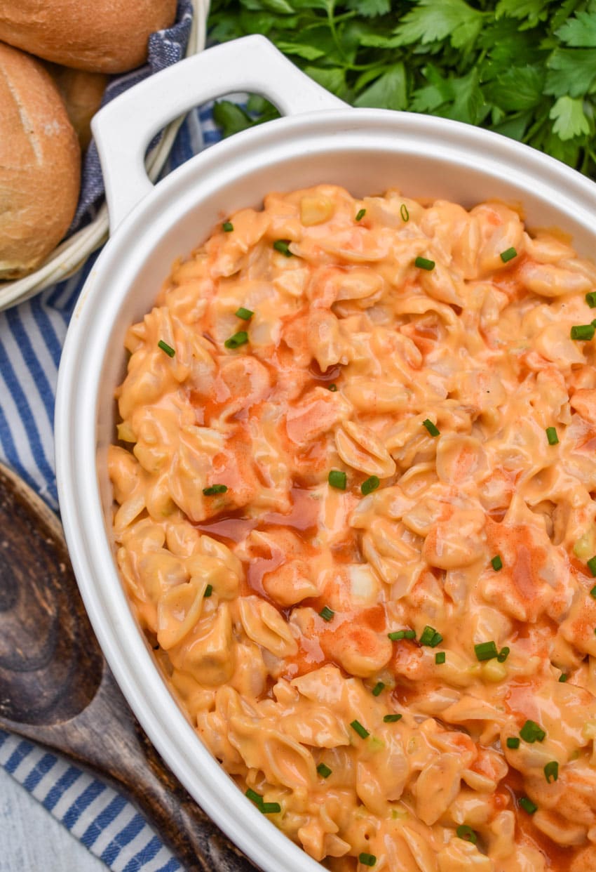 buffalo mac and cheese from a box in a white serving dish