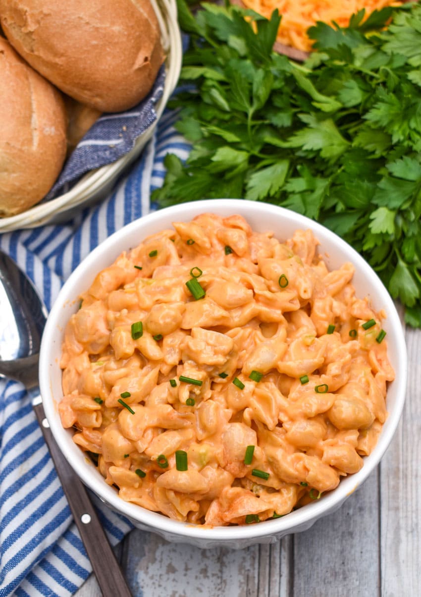 buffalo chicken mac and cheese in a white bowl