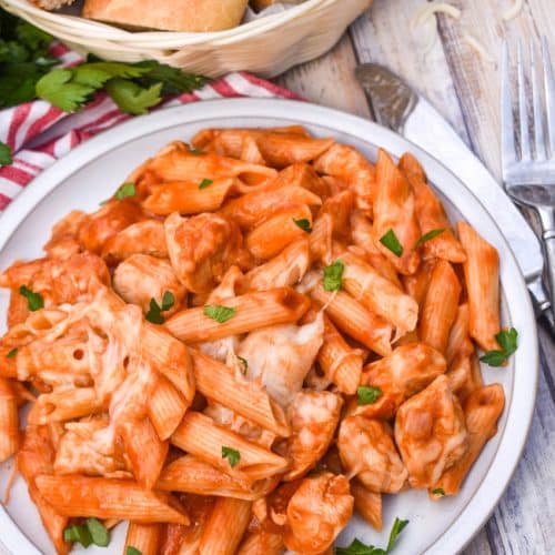 instant pot chicken parmesan pasta on a white plate