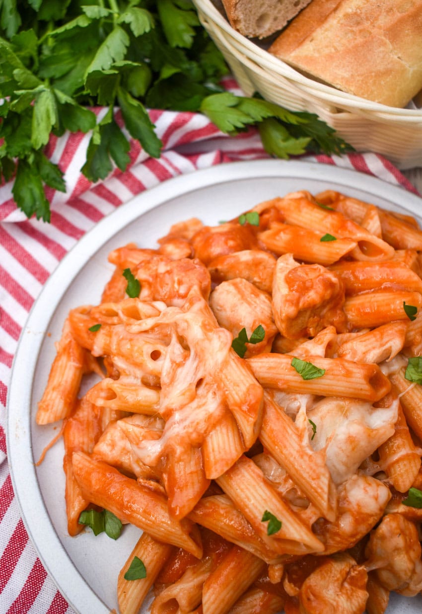 instant pot chicken parmesan pasta on a white plate