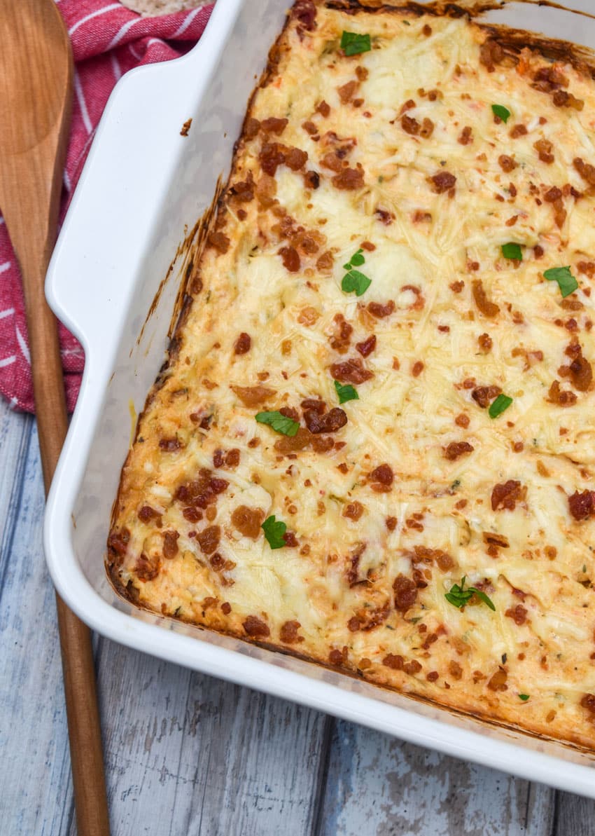 marry me chicken dip in a white baking dish