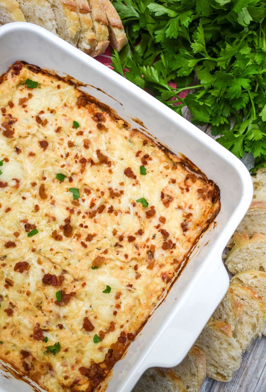 marry me chicken dip in a white baking dish