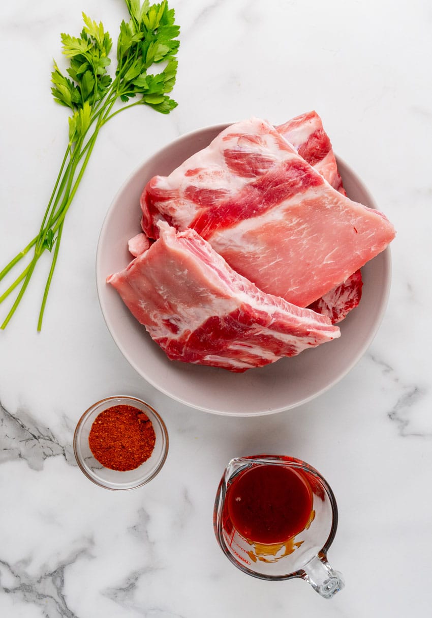 an overhead image showing the measured ingredients needed to make a batch of ribs in the air fryer