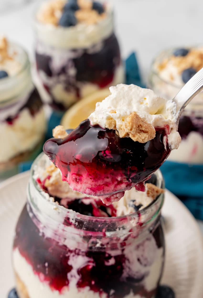 a silver spoon holding up a scoop of blueberry pie filling topped cheesecake