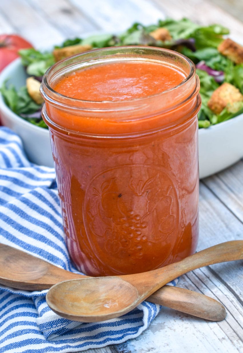 condensed tomato soup salad dressing in a small glass jar
