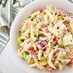 Italian hoagie pasta salad in a white serving bowl