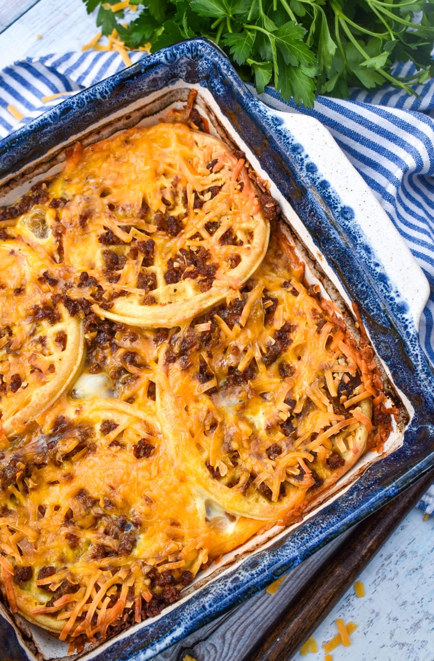 frozen waffle bread pudding in a small stoneware baking dish