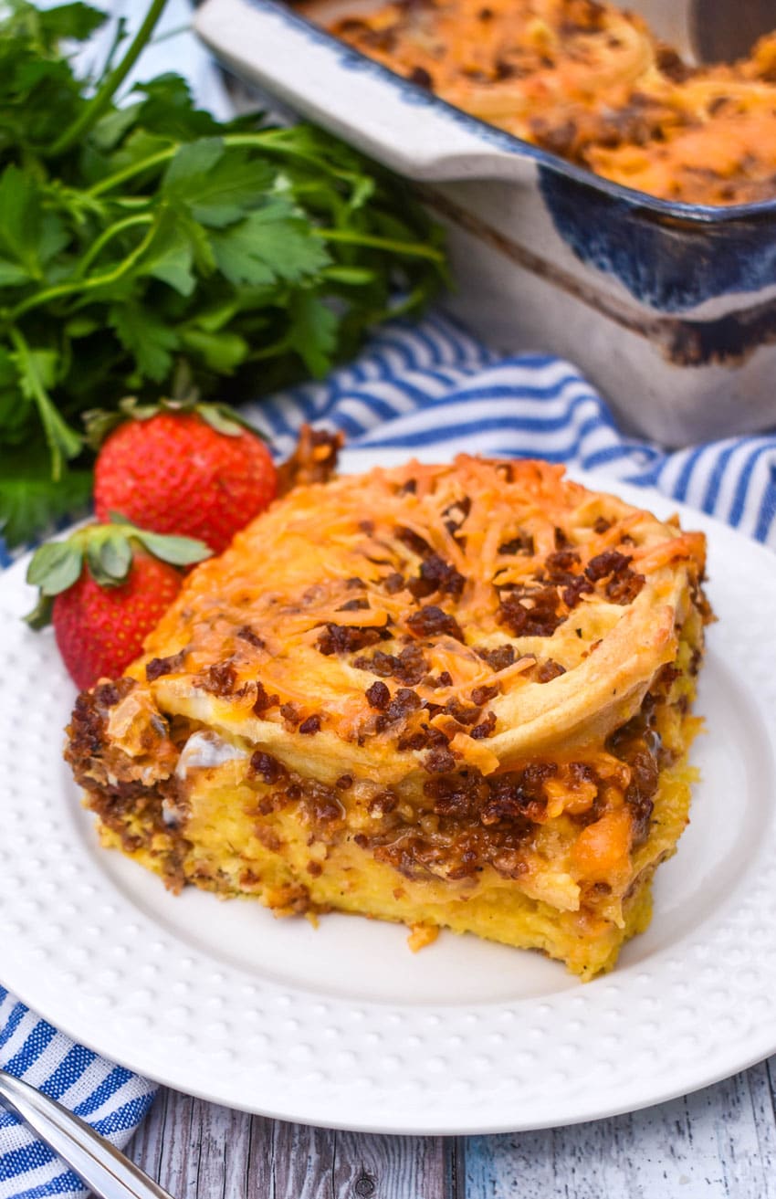 a slice of frozen waffle bread pudding on a small white plate