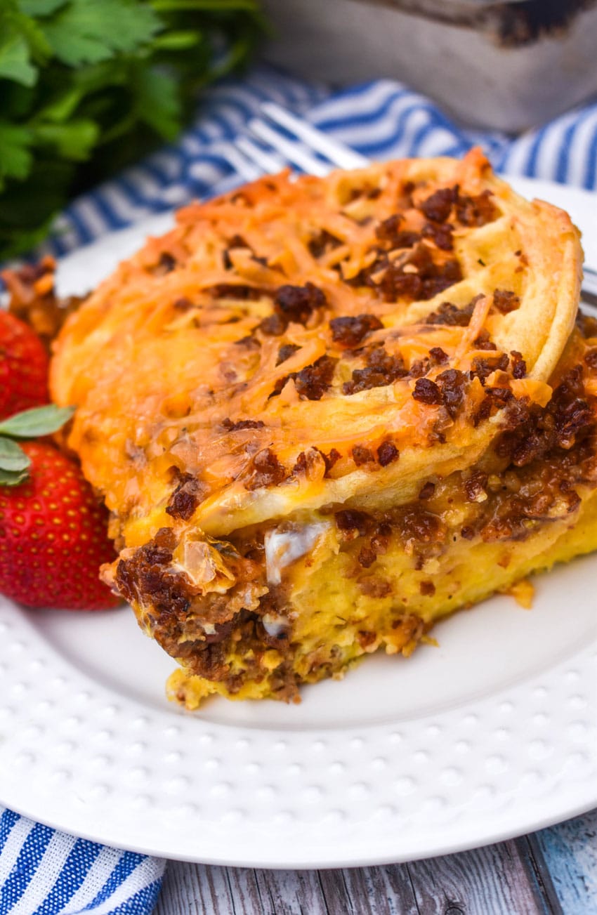 a slice of frozen waffle bread pudding on a small white plate