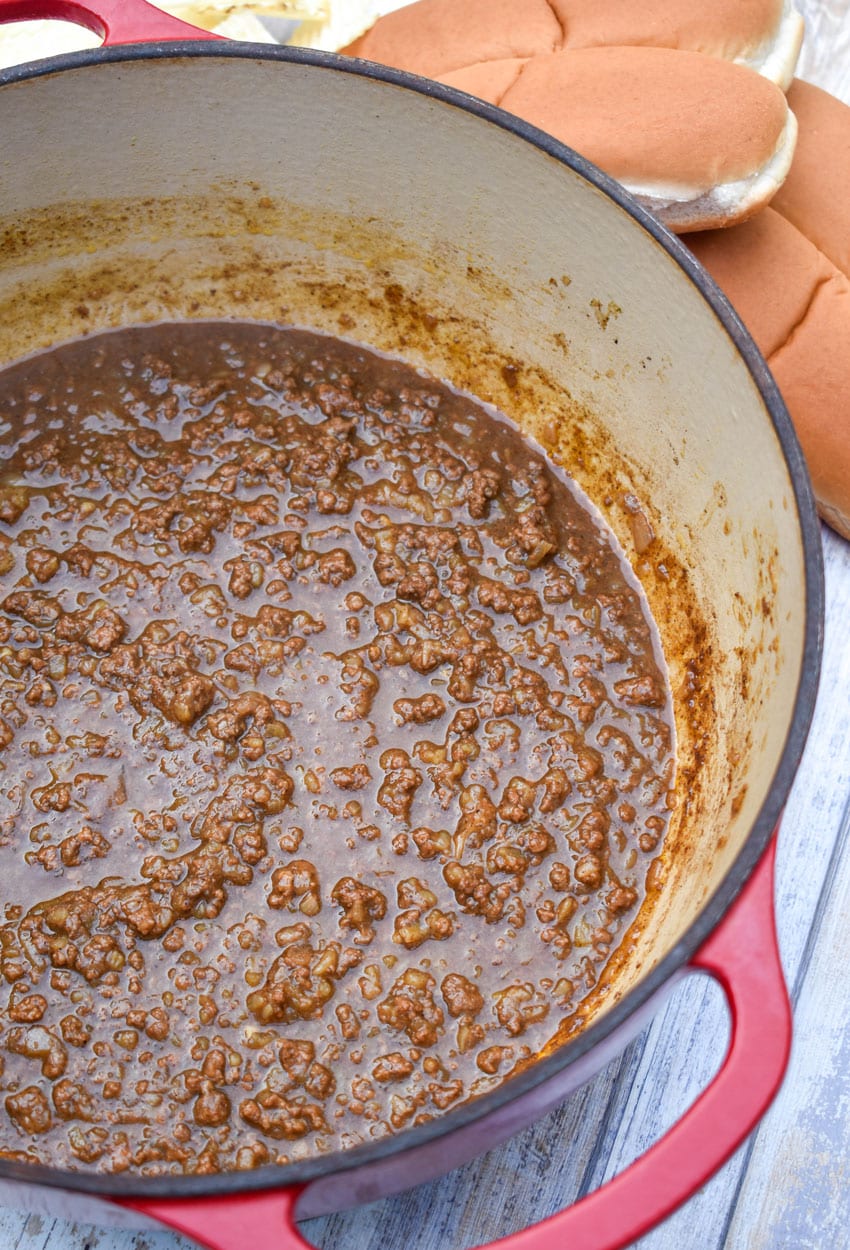 spicy hot dog meat sauce in a large red dutch oven