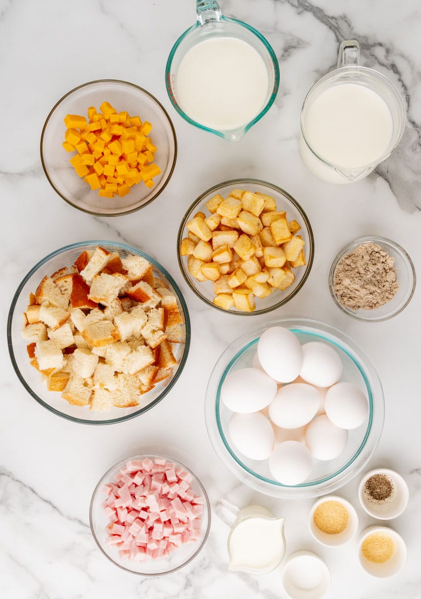 an overhead image showing the measured ingredients needed to make a breakfast bundt bake