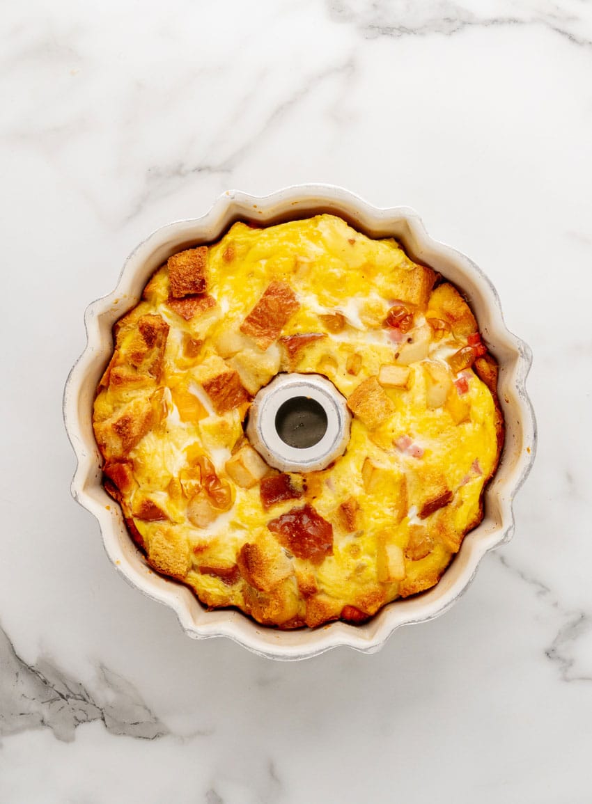 ham egg and cheese breakfast bake in a bundt pan