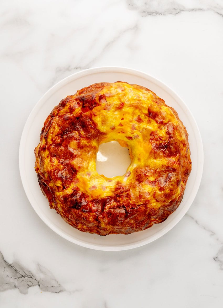 a breakfast bundt bake on a white plate