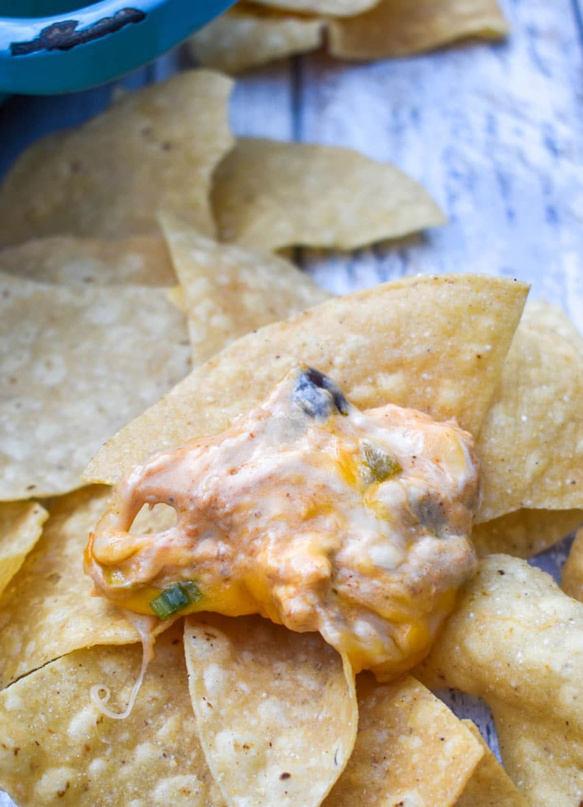 a tortilla chip topped with cheesy chicken enchilada dip