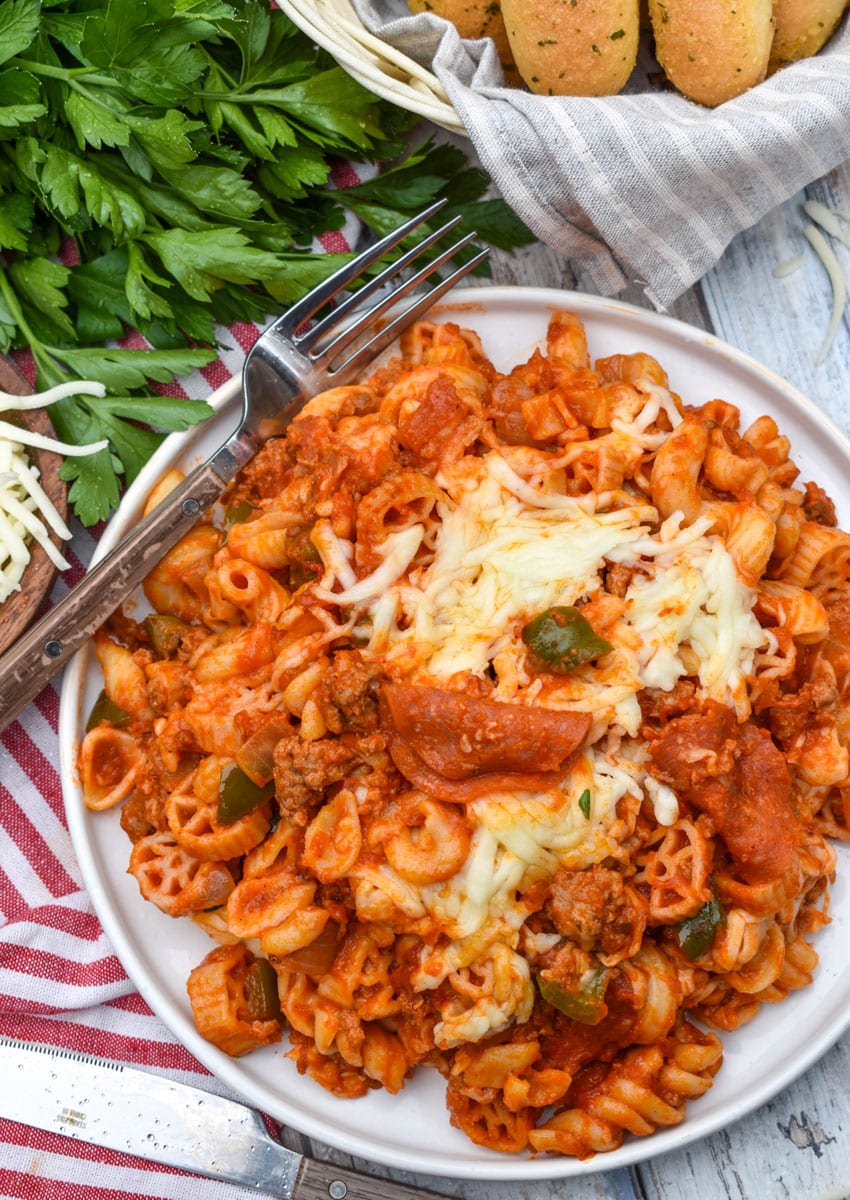 copycat pizza hut cavatini pasta on a white plate
