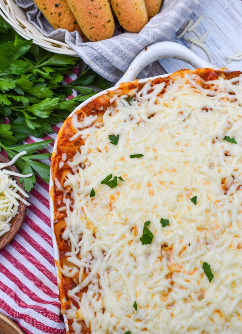 copycat pizza hut cavatini pasta in a white casserole dish