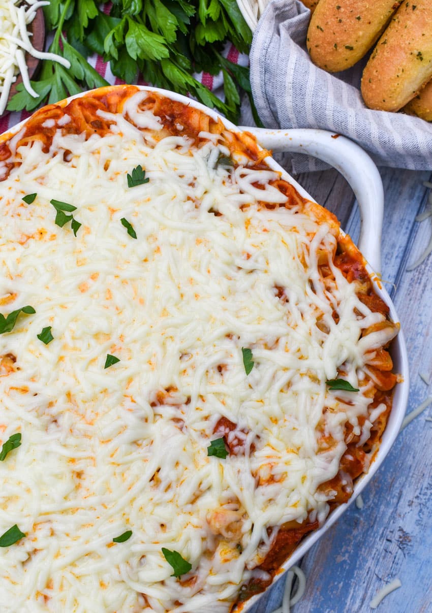 copycat pizza hut cavatini pasta in a white casserole dish