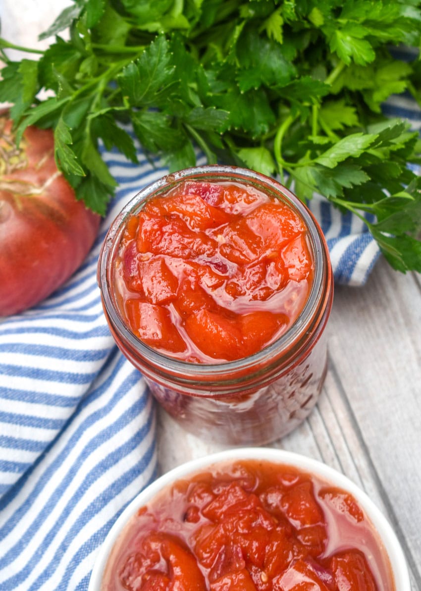 homemade tomato relish in a small glass jar