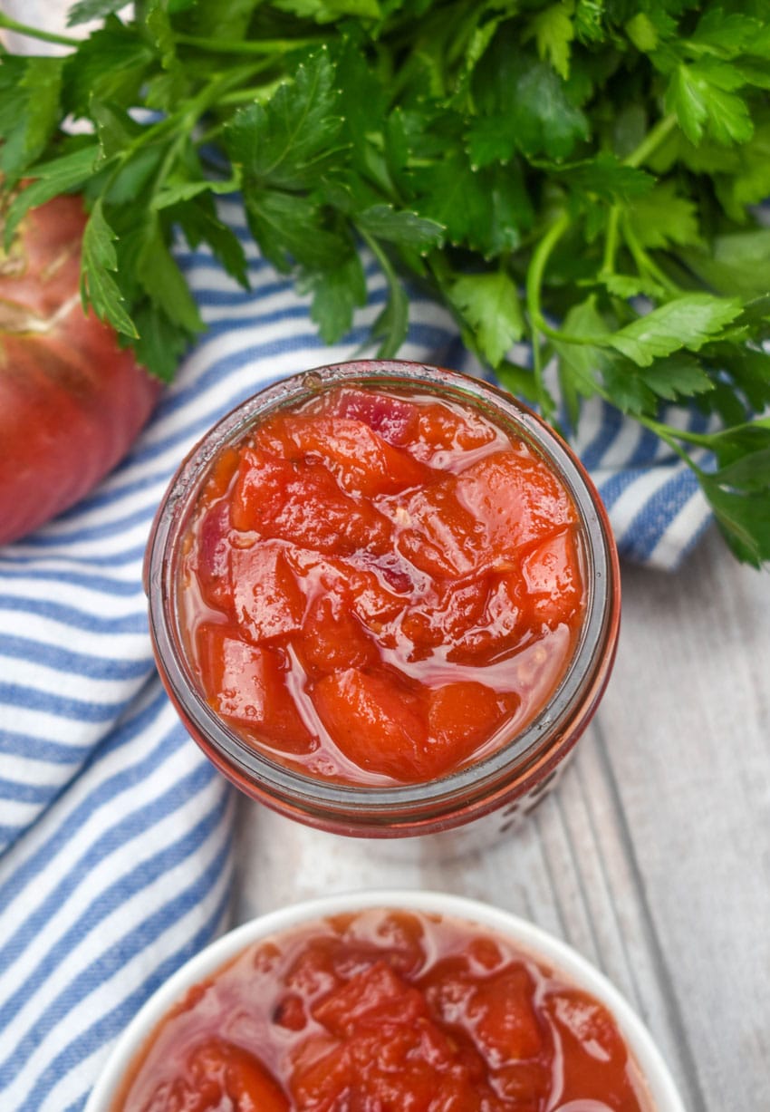 homemade tomato relish in a small glass jar