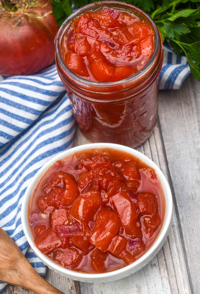 homemade tomato relish in a small glass jar