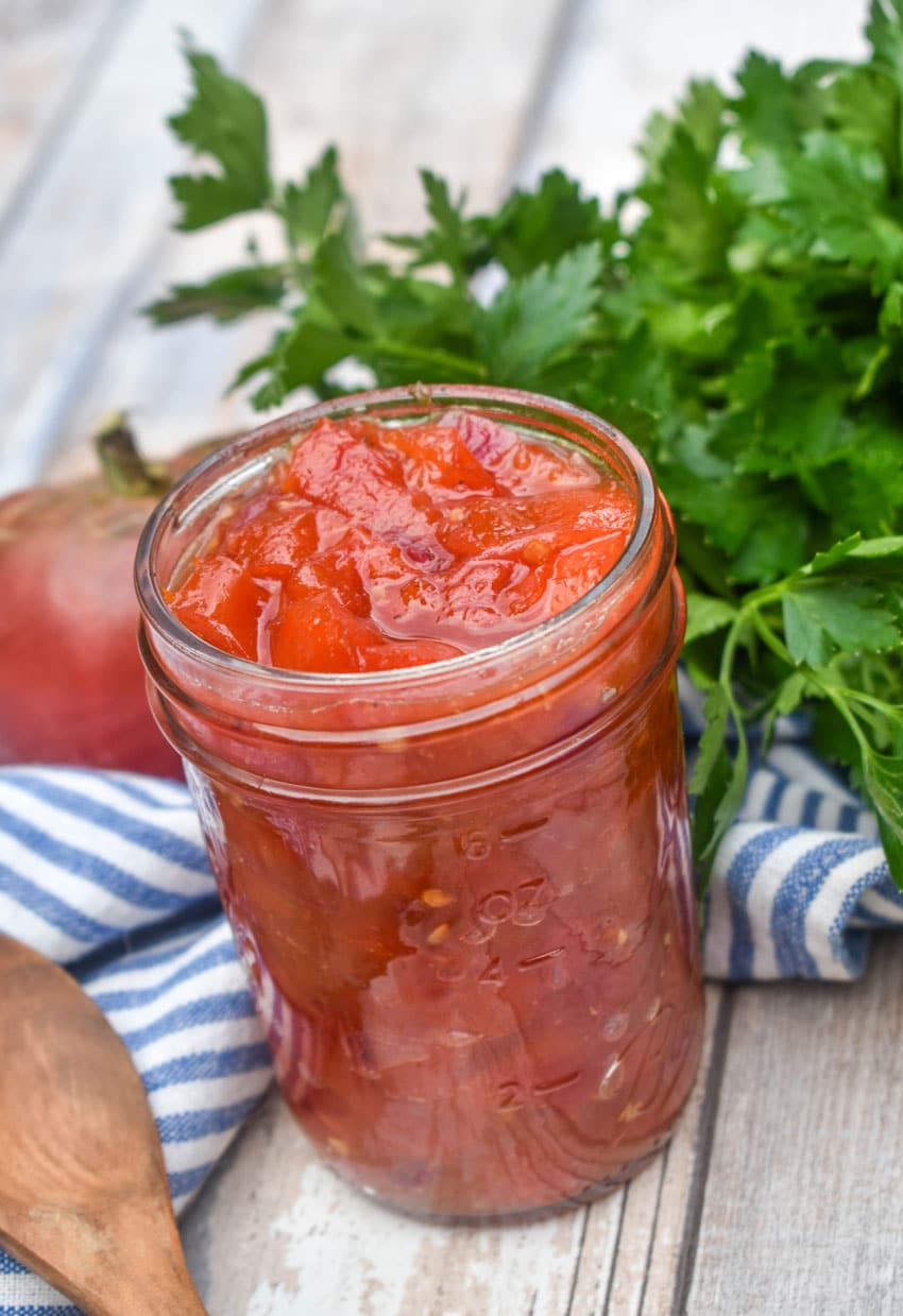 homemade tomato relish in a small glass jar