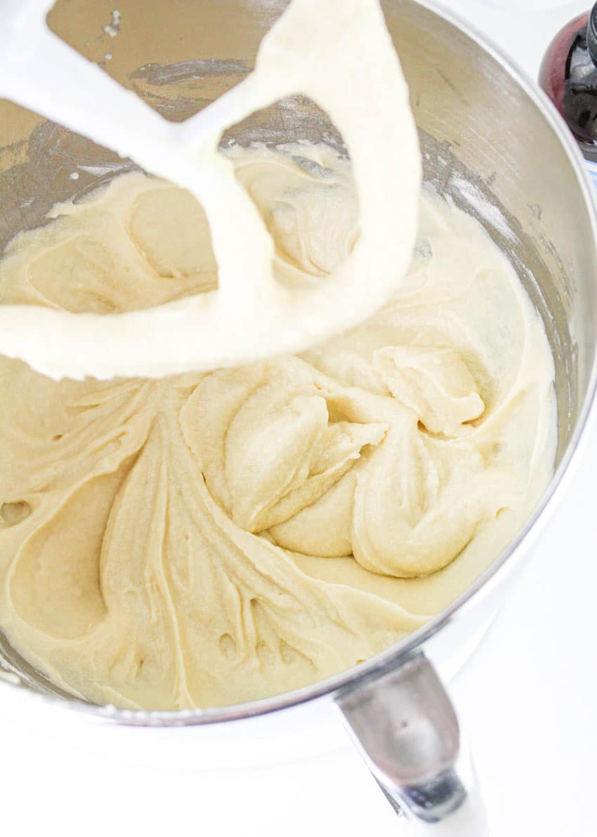 cake batter in the bowl of a stand mixer