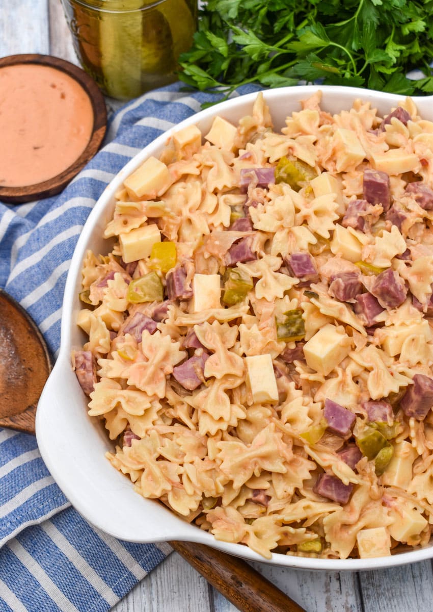 reuben pasta salad in a large white serving bowl