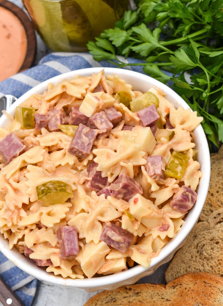 reuben pasta salad in a small white bowl