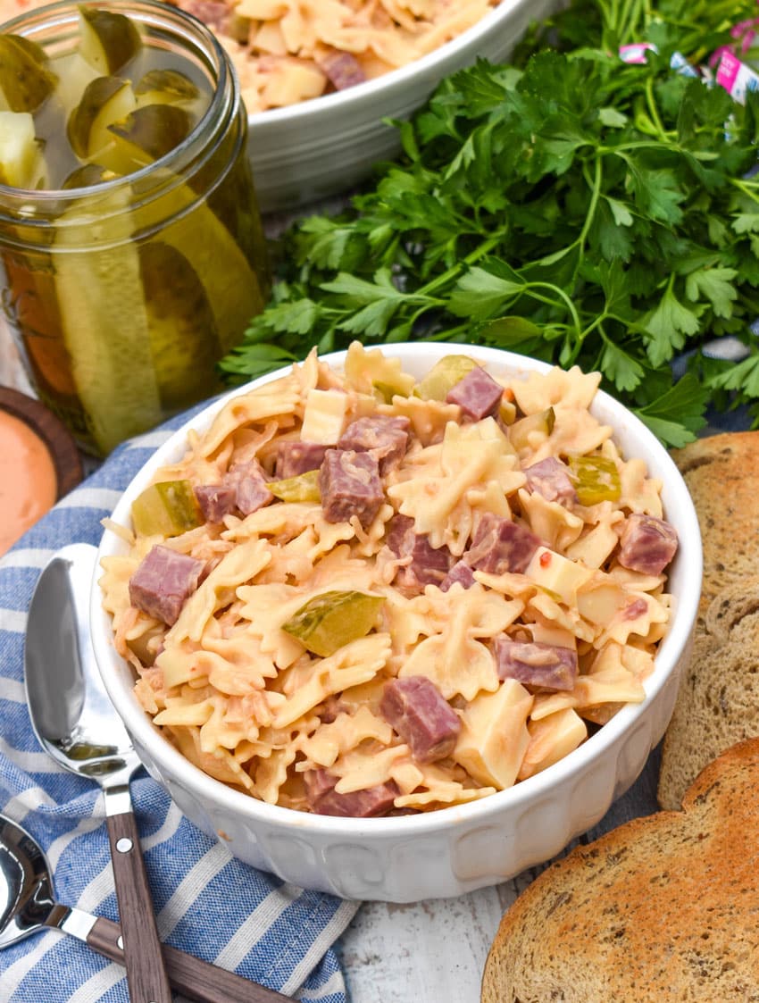 reuben pasta salad in a small white bowl