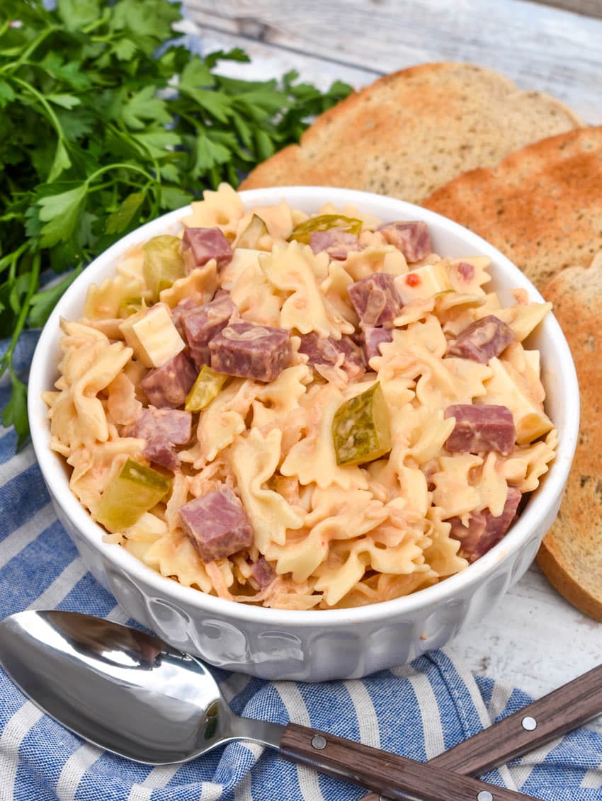 reuben pasta salad in a small white bowl