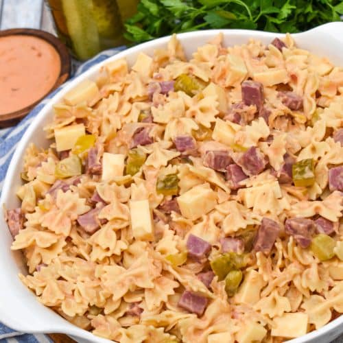 reuben pasta salad in a large white serving bowl