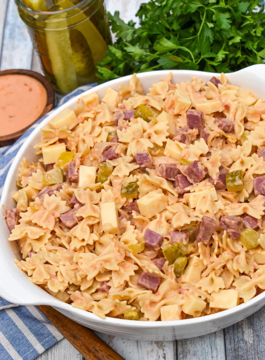 reuben pasta salad in a large white serving bowl