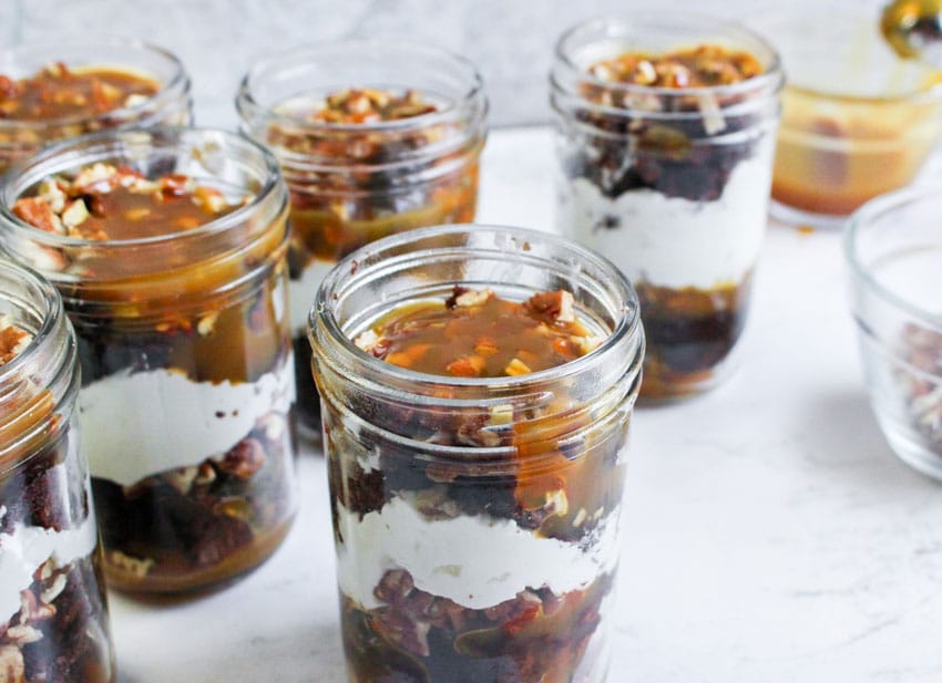 homemade turtle brownie turtles in small glass jars
