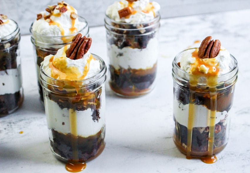 homemade turtle brownie turtles in small glass jars