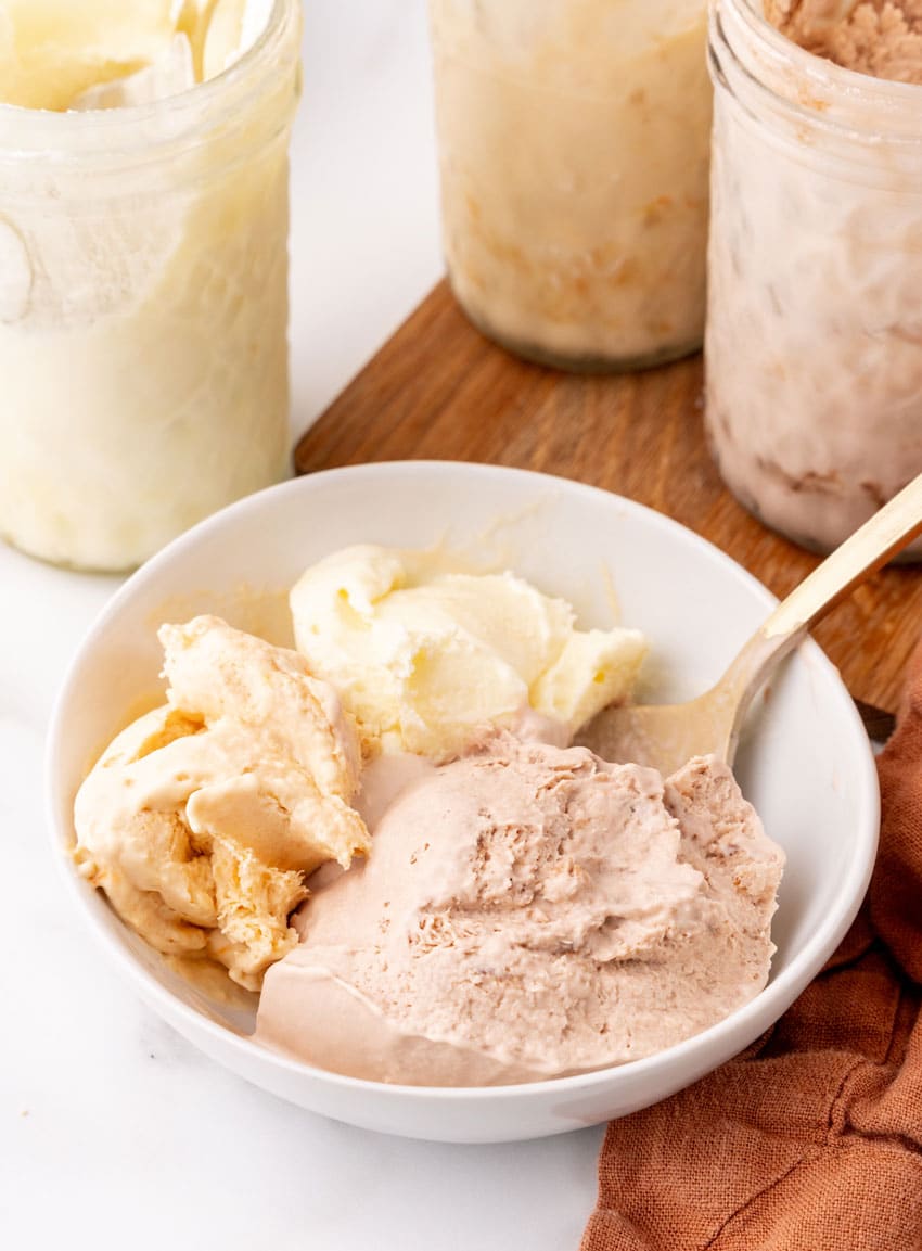 scoops of homemade mason jar ice cream in a small white bowl