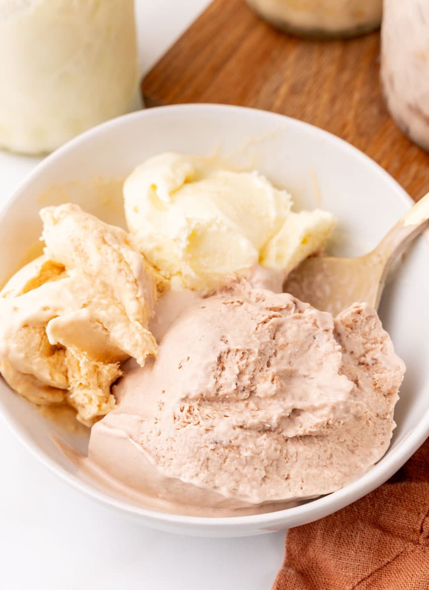 scoops of homemade mason jar ice cream in a small white bowl