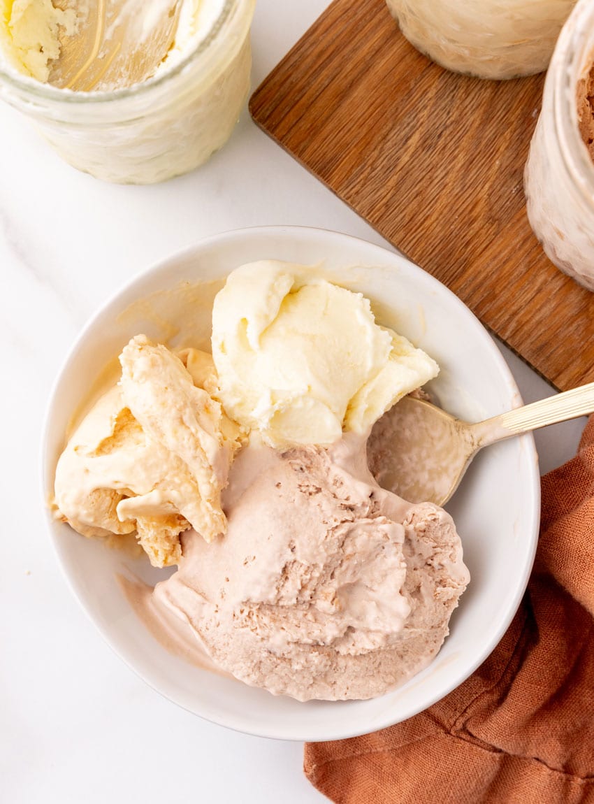 scoops of homemade mason jar ice cream in a small white bowl