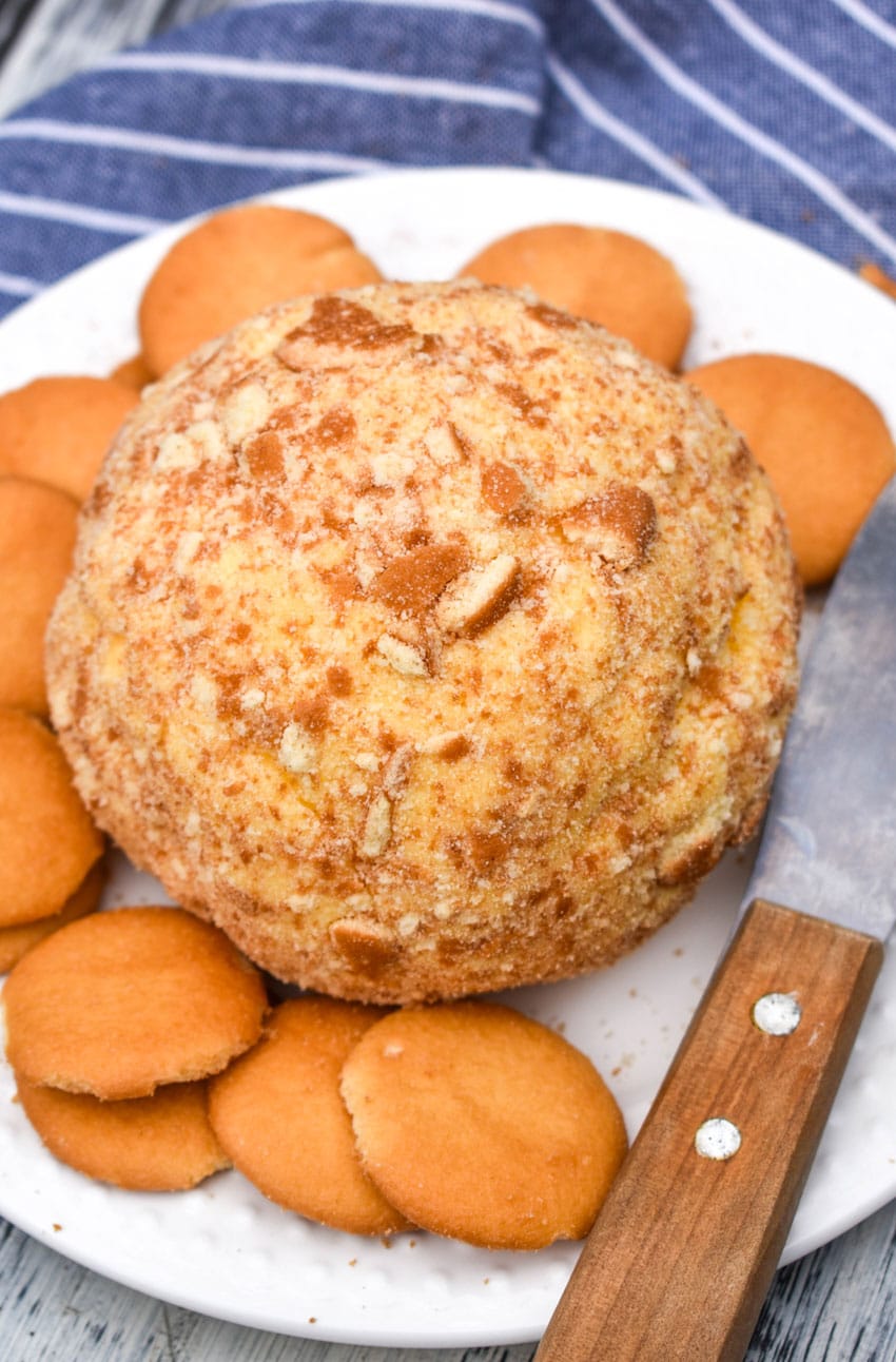 a banana pudding cheese ball surrounded by nilla wafers on a small white plate
