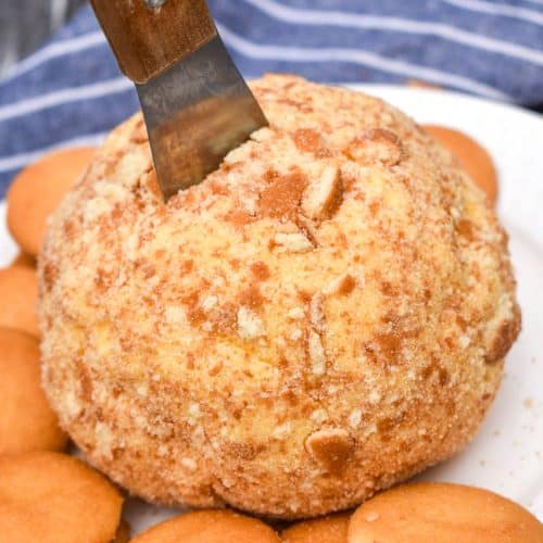 a banana pudding cheese ball surrounded by nilla wafers on a small white plate