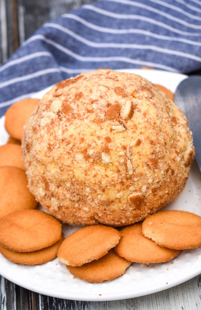 a banana pudding cheese ball surrounded by nilla wafers on a small white plate