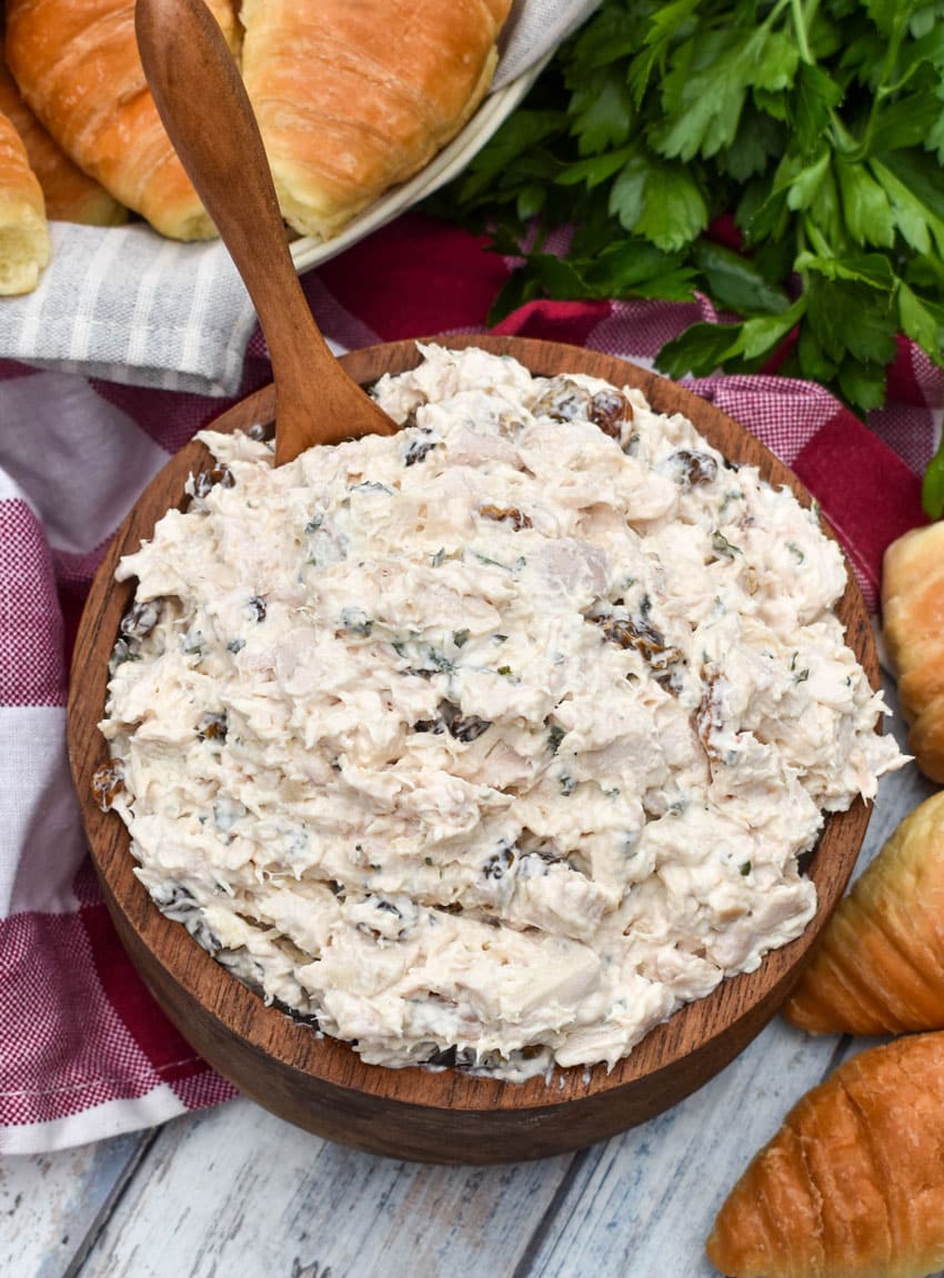 copycat ukrop's tarragon chicken salad in a small wooden bowl