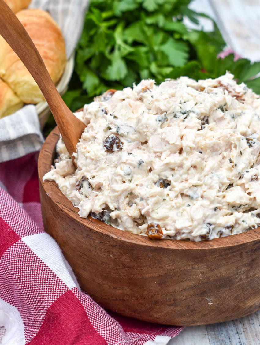 copycat ukrop's tarragon chicken salad in a small wooden bowl