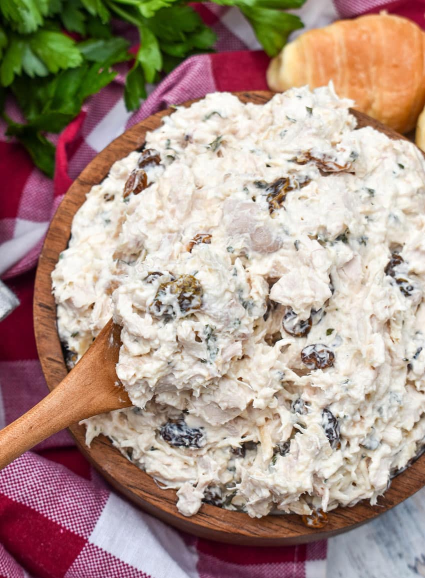copycat ukrop's tarragon chicken salad in a small wooden bowl