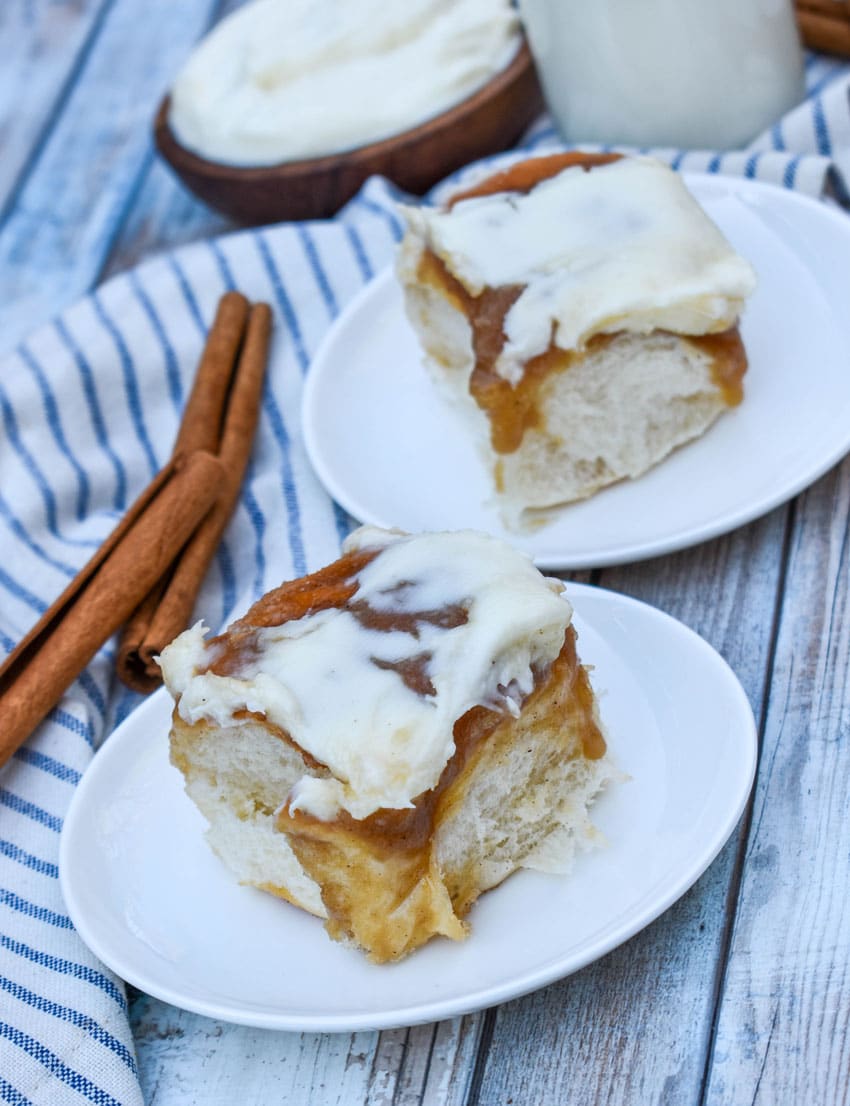 hawaiian roll cinnamon buns on two small white plates