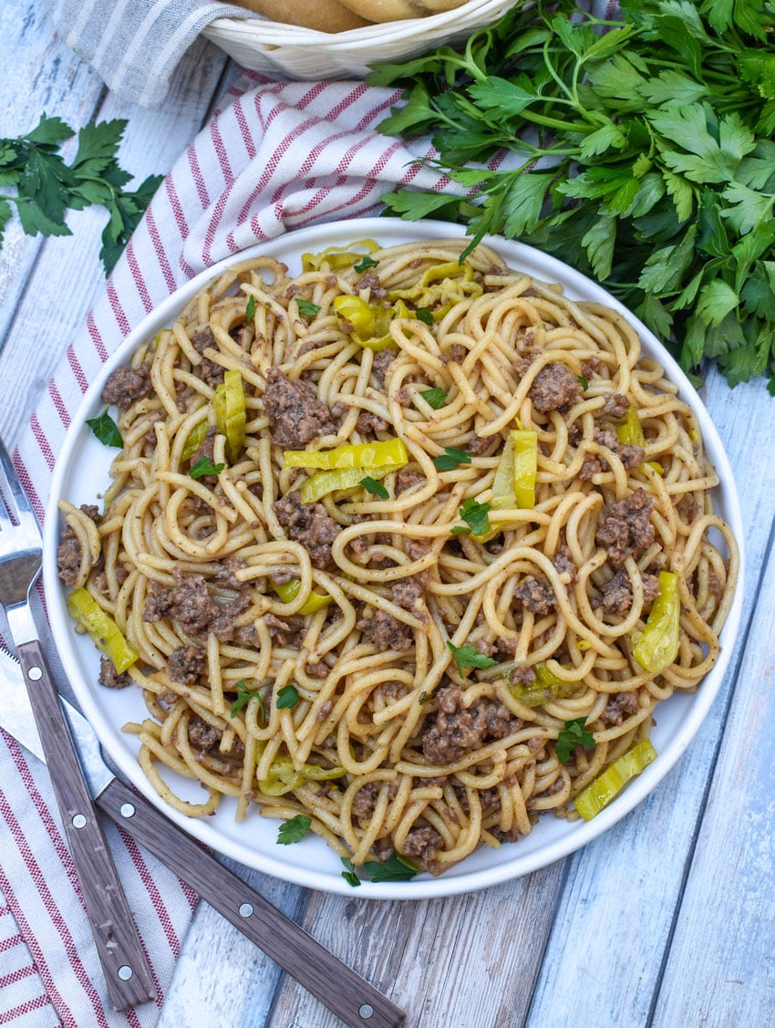 mississippi beef spaghetti on a white plate