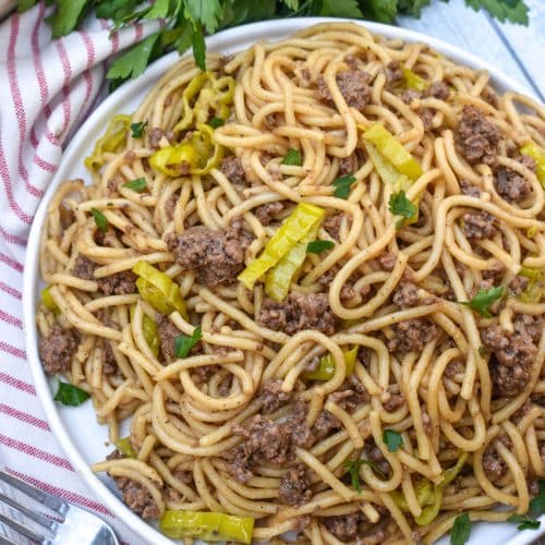 mississippi beef spaghetti on a white plate