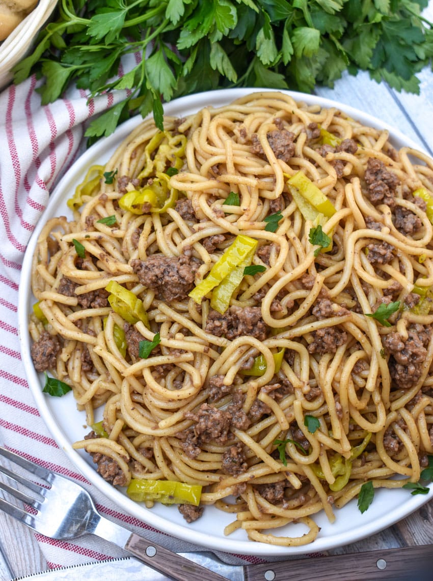 mississippi beef spaghetti on a white plate