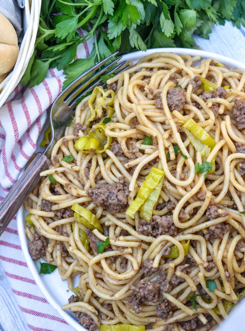 mississippi beef spaghetti on a white plate