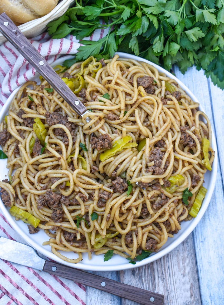 mississippi beef spaghetti on a white plate
