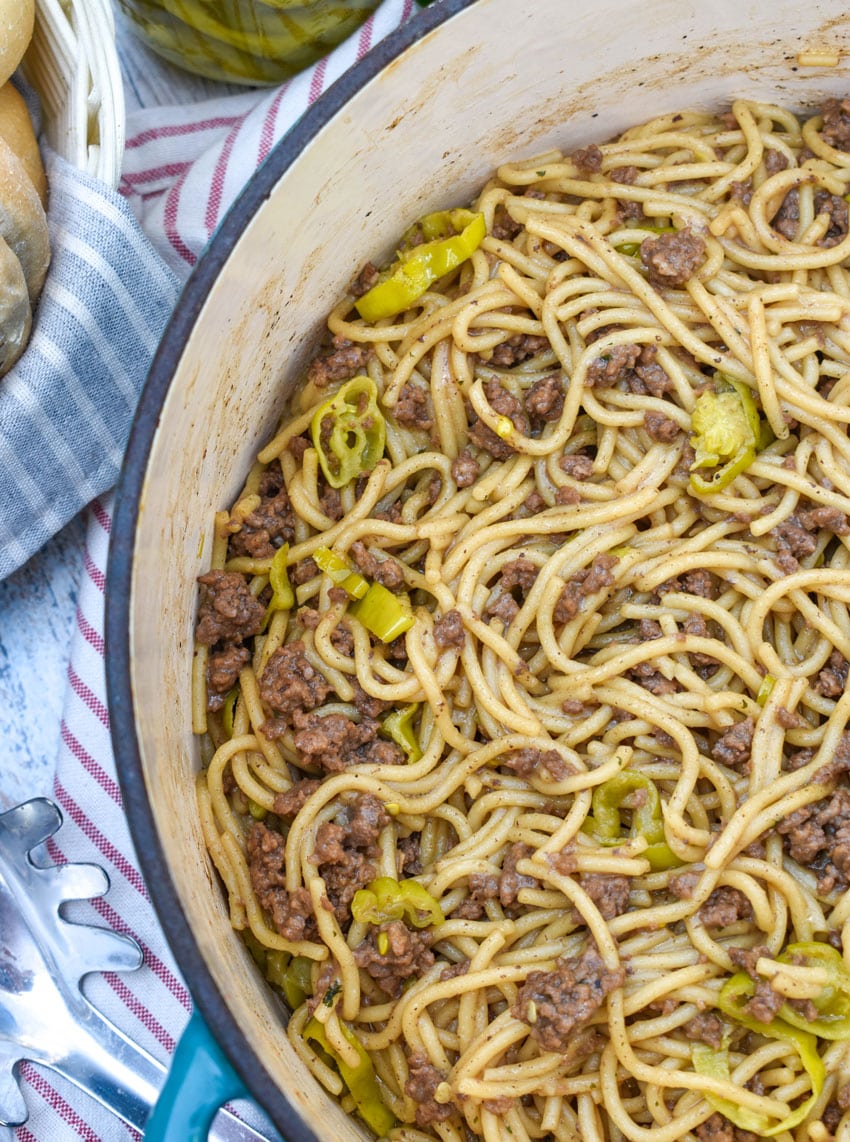 mississippi beef spaghetti in a large dutch oven